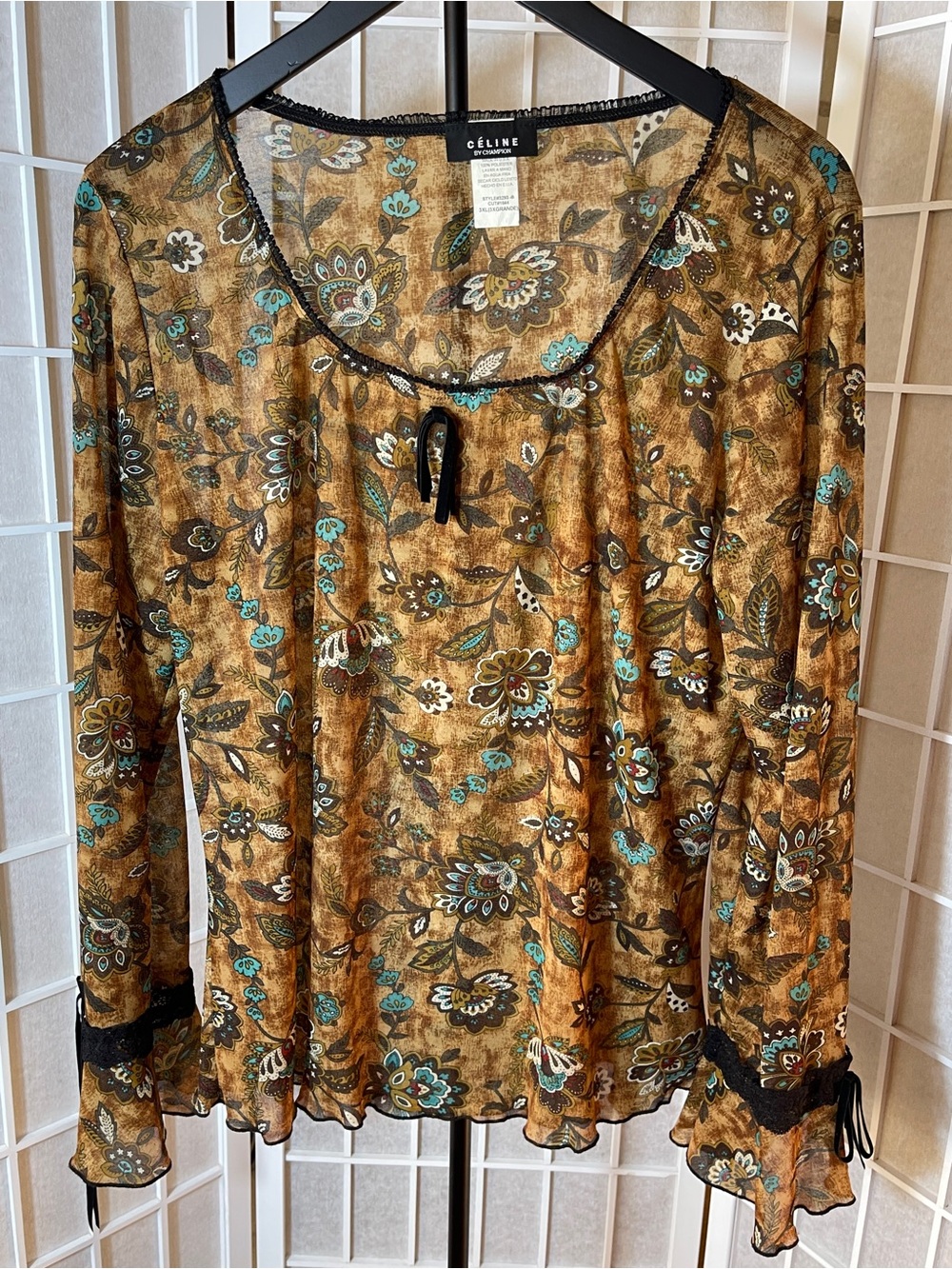 Bohemian Sheer, Vintage Top, Ruffled Lace Trim Cuffs Teal/Brown Floral, Stretchy